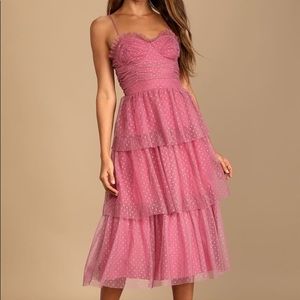 Sweetheart Style Mauve Polka Dot Bustier Tiered Midi Dress